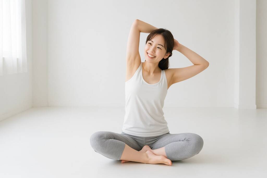 室内でストレッチする女性
